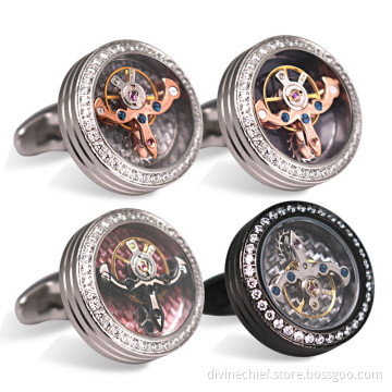 2016 Best Selling Mounted Stone Stainless Steel Tourbillon Movement Cufflinks